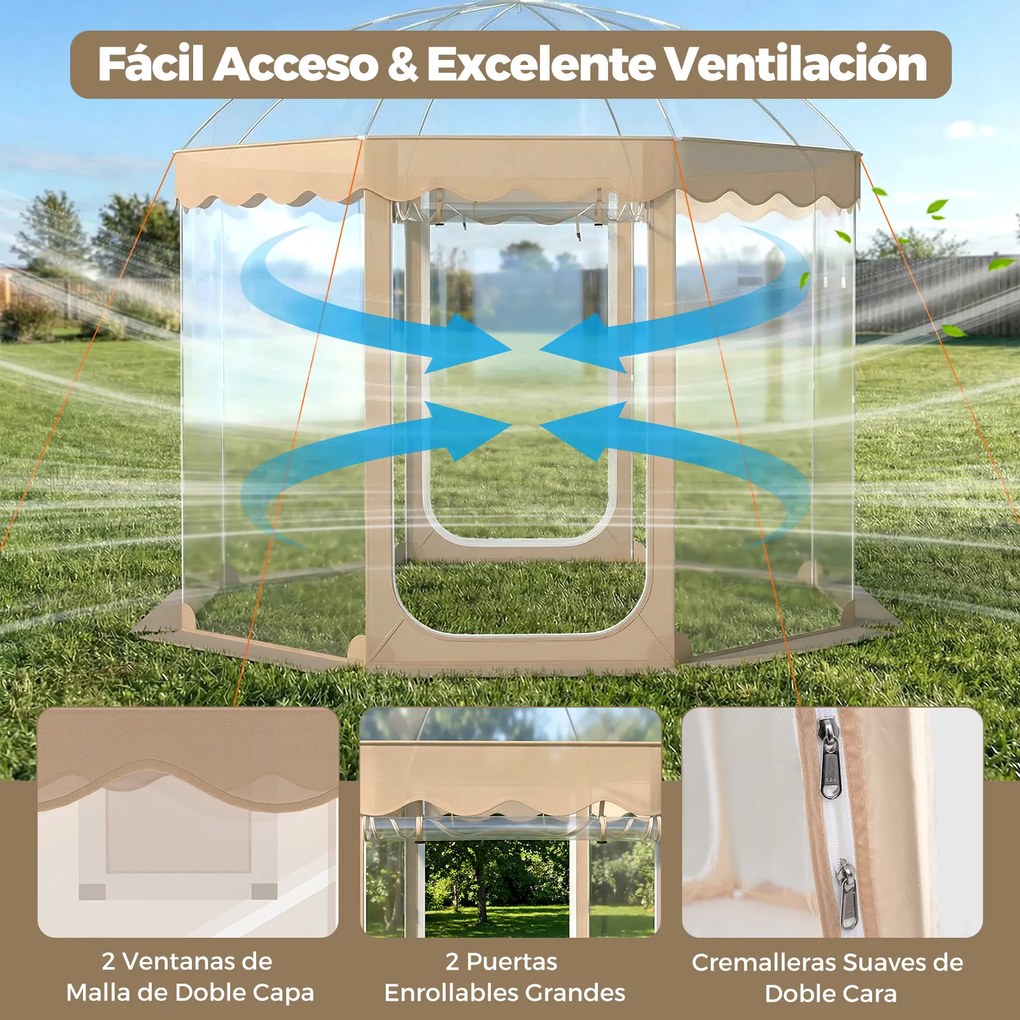 Tenda jardim tipo bolha para 8-10 pessoas 305 x 305 x 210 cm, em PVC transparente panorâmico de 540°, com proteção contra o frio Transparente