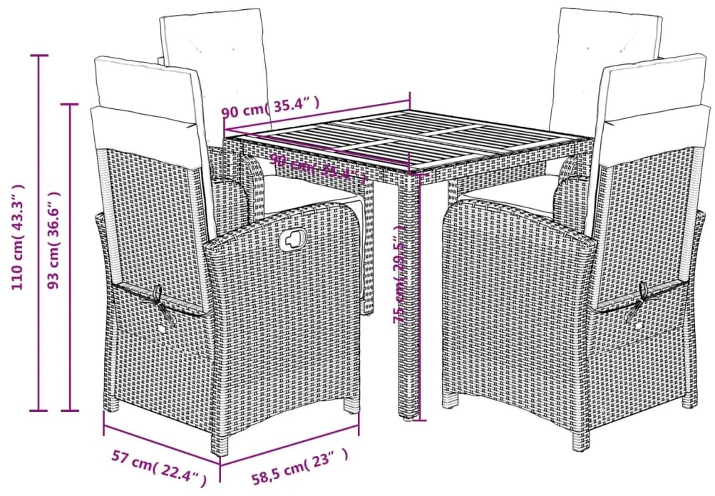 5 pcs conjunto de jantar p/ jardim c/ almofadões vime PE cinza