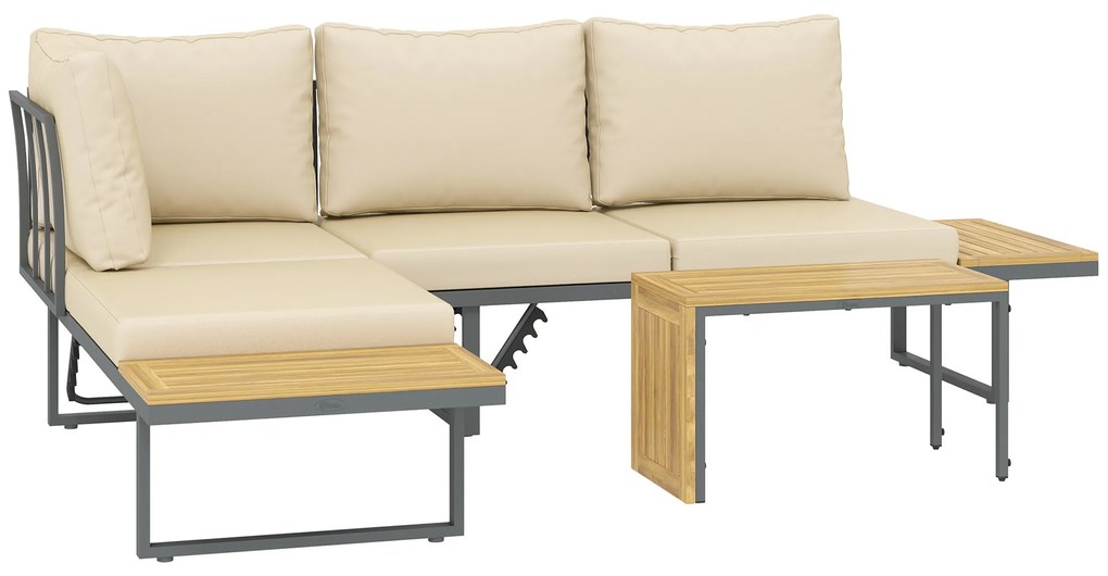 Conjunto de Móveis de Jardim Sofás de Exterior em Forma de L com 2 Sofás de 3 Lugares Assento Ajustável e Mesa Bege e Cinza