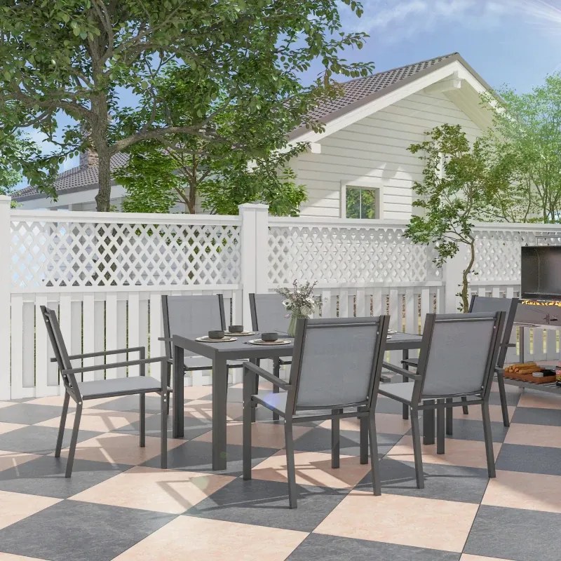 Conjunto de Mesa e Cadeiras de Jardim com Cadeiras Empilháveis e Estrutura de Aço para Terraço e Pátio Cinzento Claro