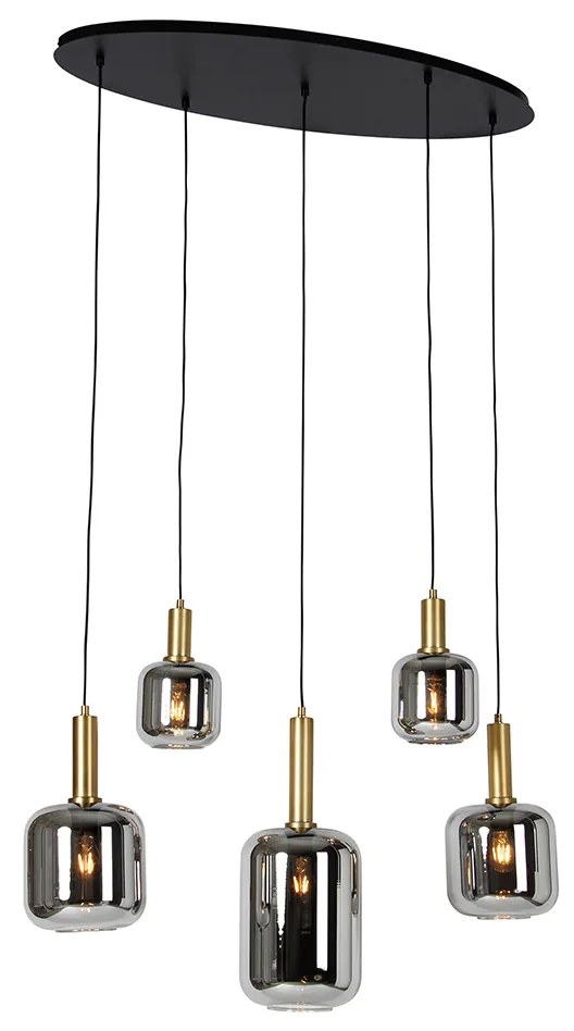 Candeeiro Pendente Inteligente Preto com Dourado e Vidro Fumê Oval 5 Luzes Incl. 5 Zigbee A60 - Zuzanna