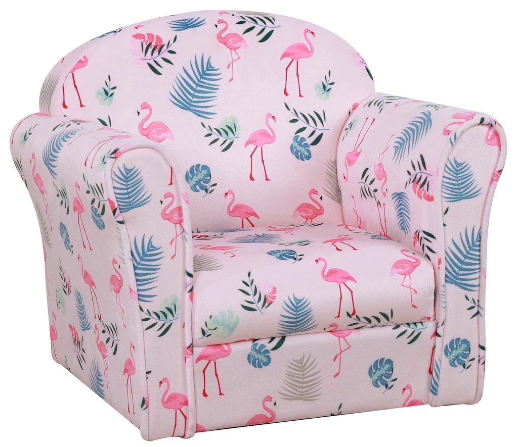 HOMCOM Poltrona para Crianças acima de 3 Anos com Desenhos de Flamingos Estrutura de Madeira e Estofado em Flanela 50x39x44 cm Rosa