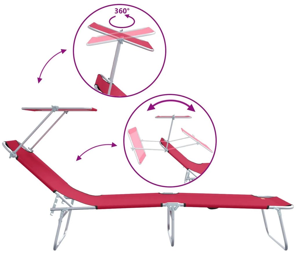 Espreguiçadeiras Dobráveis 2 pcs com Toldo Vermelho Tecido Oxford 600D