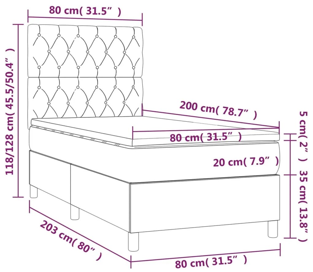 Cama box spring c/ colchão/LED 80x200 cm veludo cinzento-escuro