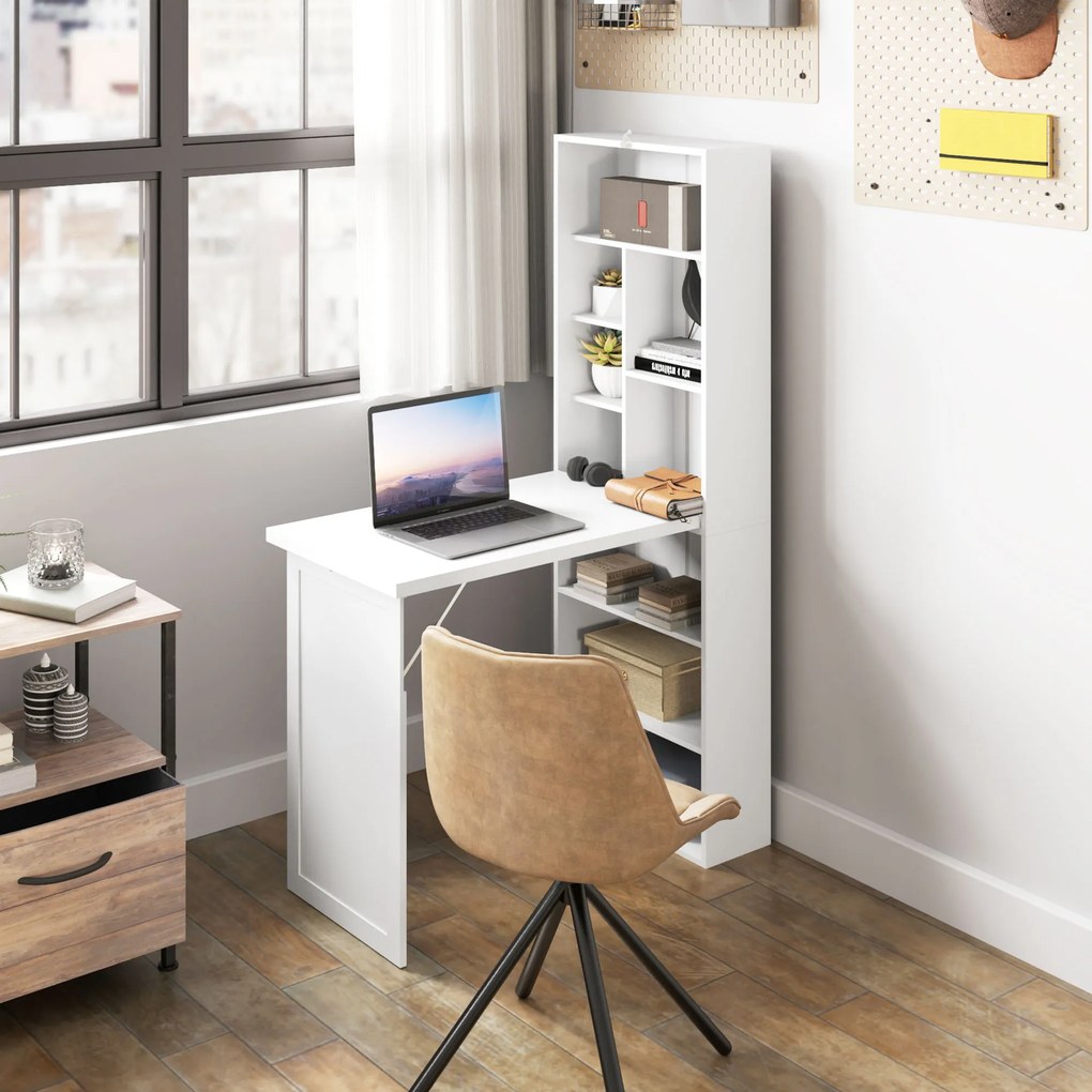 Secretária dobrável para computador com estante, posto de trabalho, quadro branco e prateleira ajustável, 98x51x153 cm, branca
