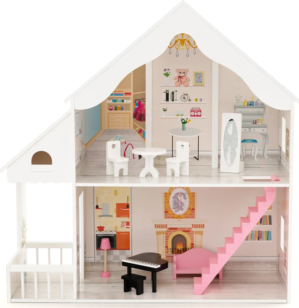 Conjunto de casa de bonecas com 3 andares, 6 cômodos simulados e 15 peças de mobiliário - rosa