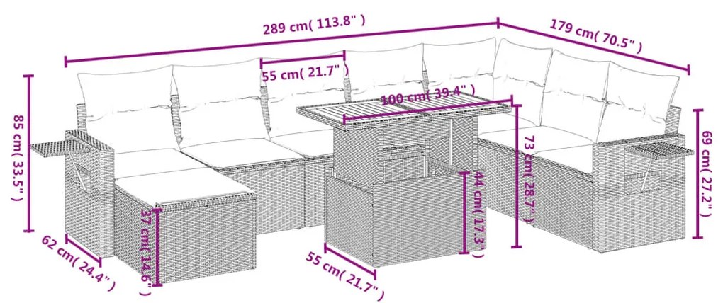 9 pcs conjunto sofás p/ jardim com almofadões vime PE cinzento