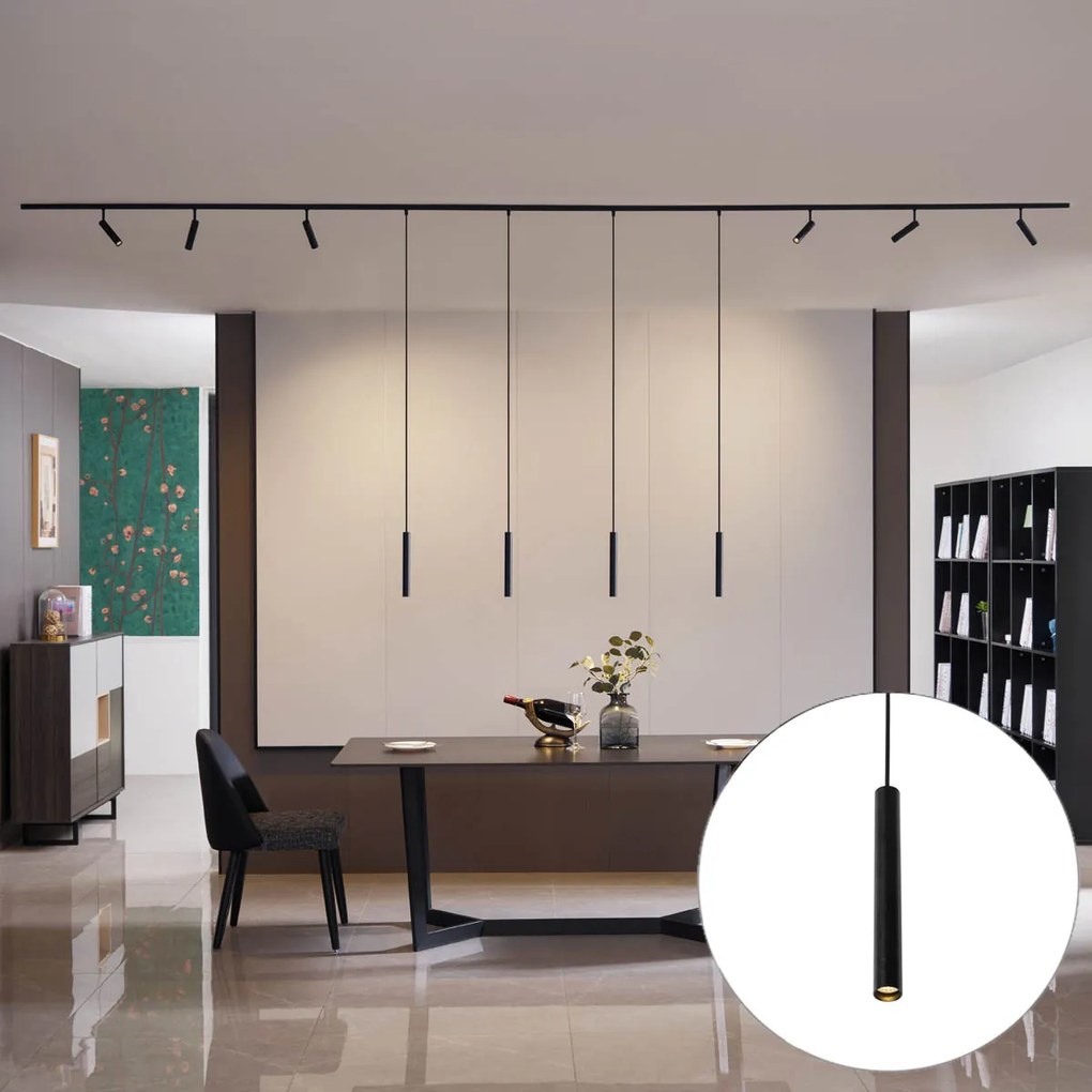 Sistema de iluminação de trilho moderno com 6 focos e 4 pendentes pretos monofásicos - Slimline Uzzy Keno