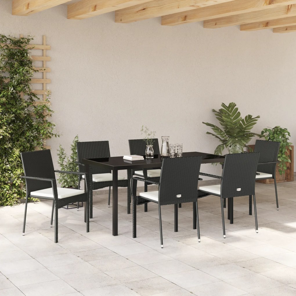 Conjunto de Jantar de Jardim com 7 Peças e Almofadas Preto Rattan Sint