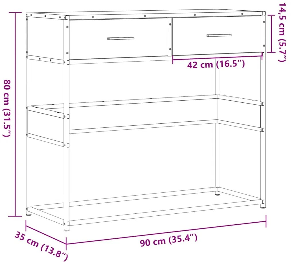 Mesa consola 90x35x80 cm derivados madeira carvalho castanho