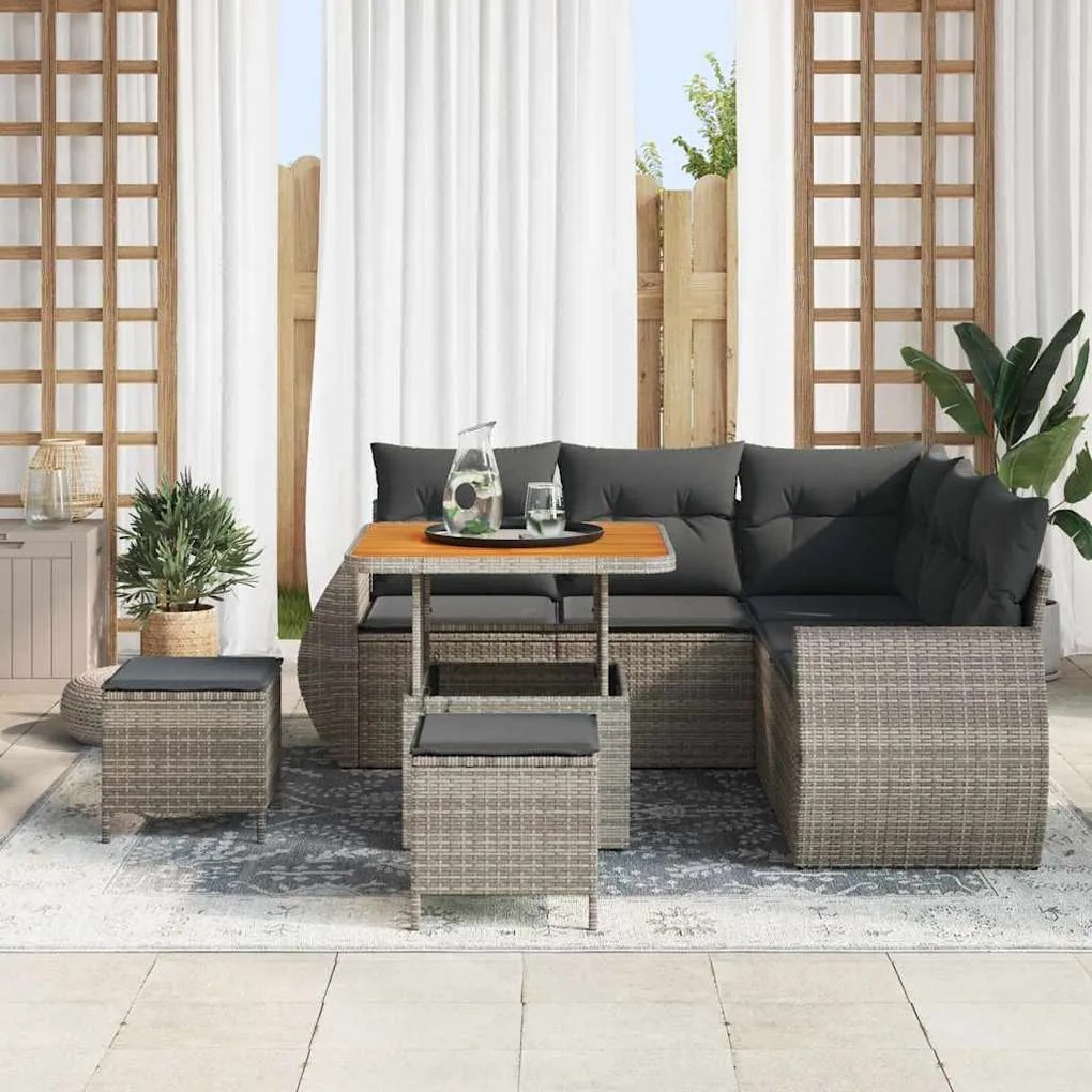 Conjunto de sofá de jardim com 8 peças e almofadas em cinza, feito de