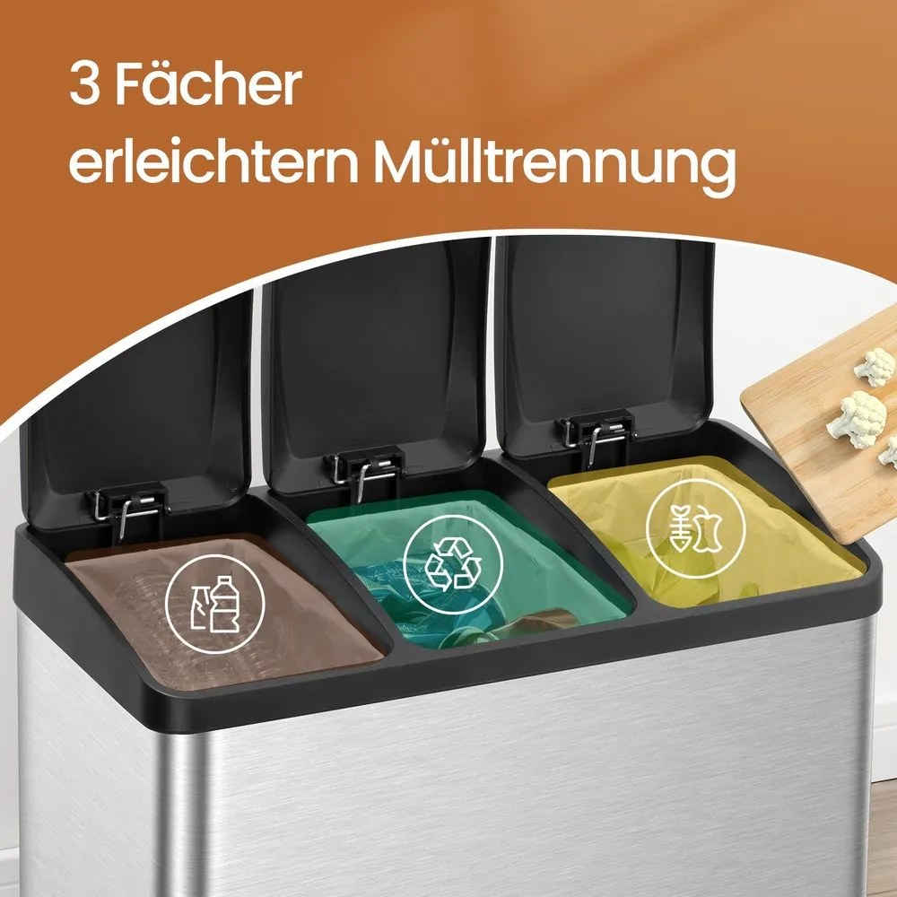 Caixote do lixo com 3 compartimentos 60,5 x 40,5 x 48,5 cm prateado + preto