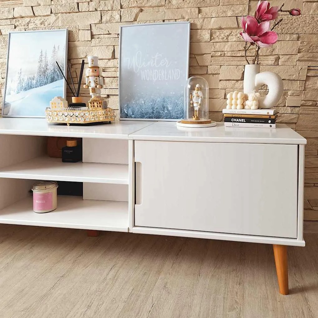 Móvel de TV MOLDE 158x40x49 cm pinho maciço branco