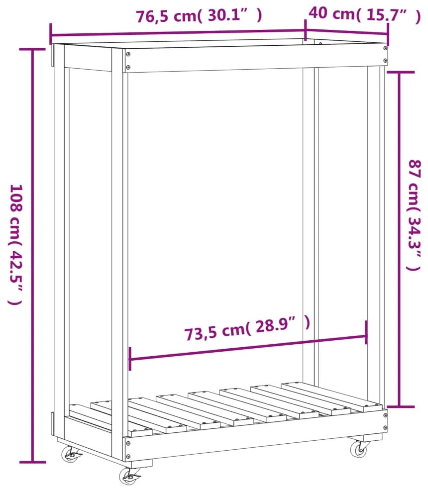 Suporte de lenha c/ rodas 76,5x40x108 cm pinho maciço