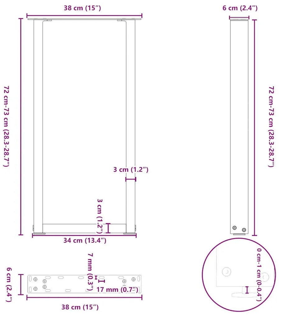 Pés de mesa de console em forma de U, 2 peças, aço natural, 38 x (72-7