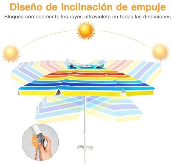 Guarda-sol de praia inclinável portátil com porta-copos, saco de transporte e proteção solar UPF50+ para exterior Pátio Piscina 2 x 2,2 m Multicolorid