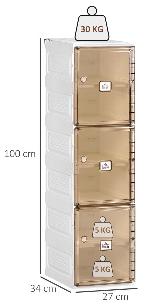 HOMCOM Móvel Sapateiro Dobrável Organizador de Sapatos com 3 Portas Magnéticas 3 Prateleiras para 6 Pares de Sapatos para Entrada Corredor Dormitório 27x34x99cm Branco e Marrom