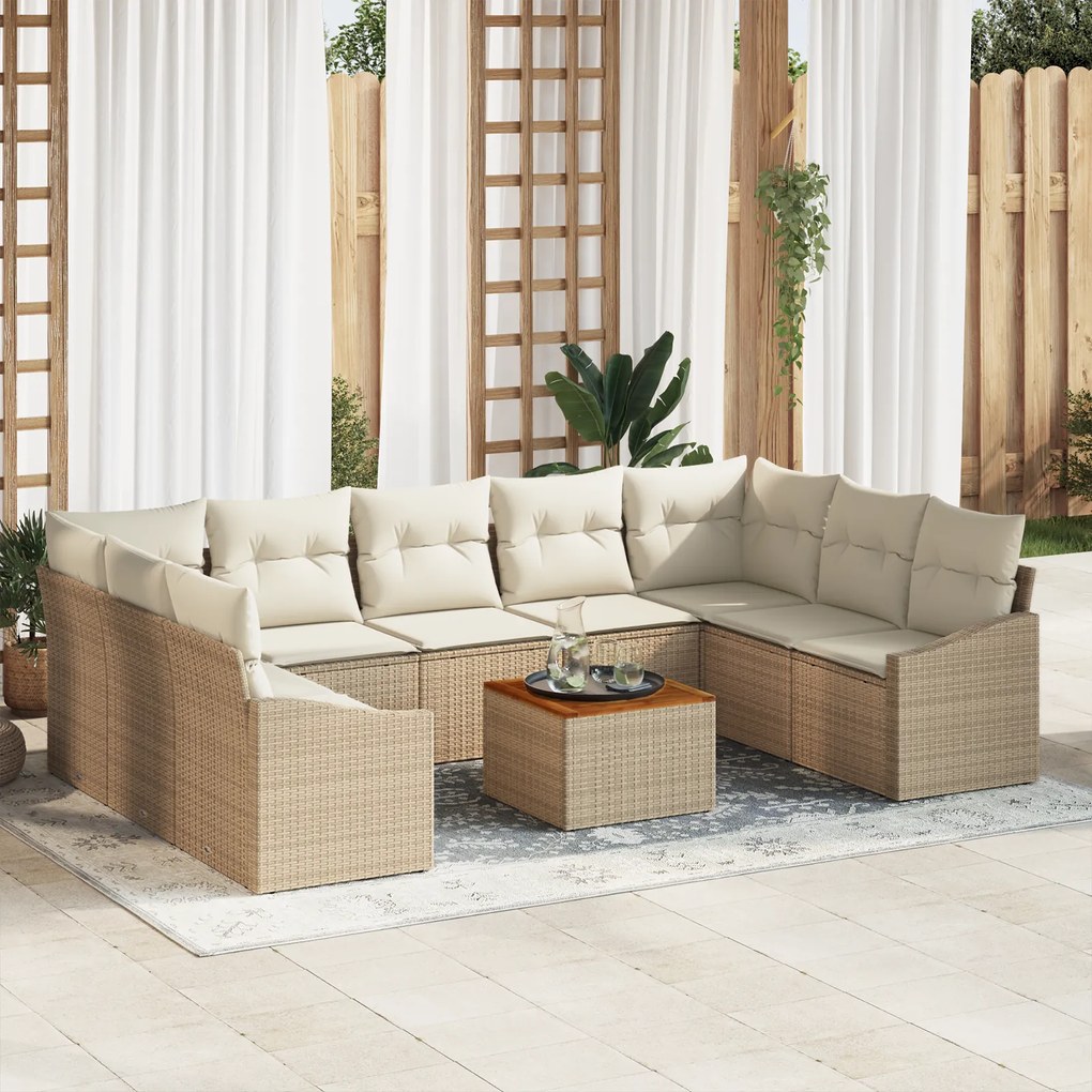 Conjunto de Sofá de 10 Peças para Jardim com Almofadas Bege Polirattan