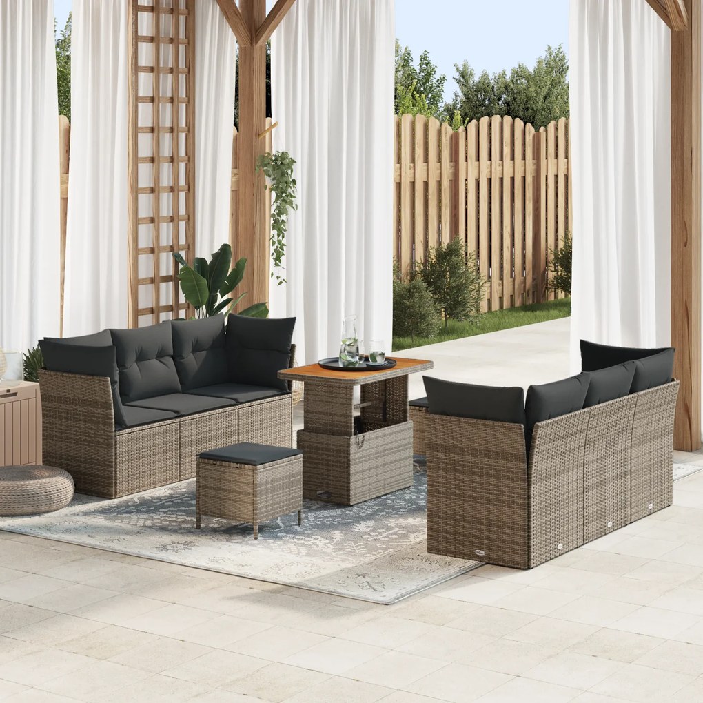 Conjunto de Sofás de Jardim vidaXL de 9 Peças com Almofadas Cinza Poli