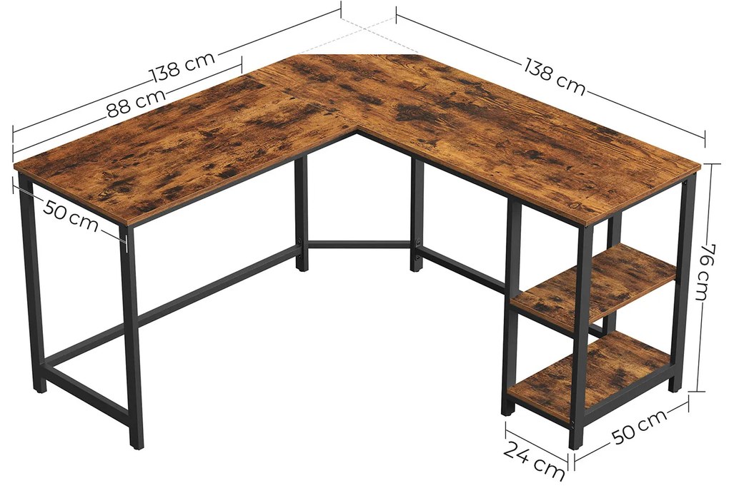 Secretária de computador em forma de L de construção simples 138 x 138 x 76 cm Castanho vintage