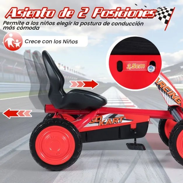 Kart a pedais para crianças com assento ajustável em 2 posições para crianças dos 3 aos 8 anos Capacidade de carga de 30 kg vermelho