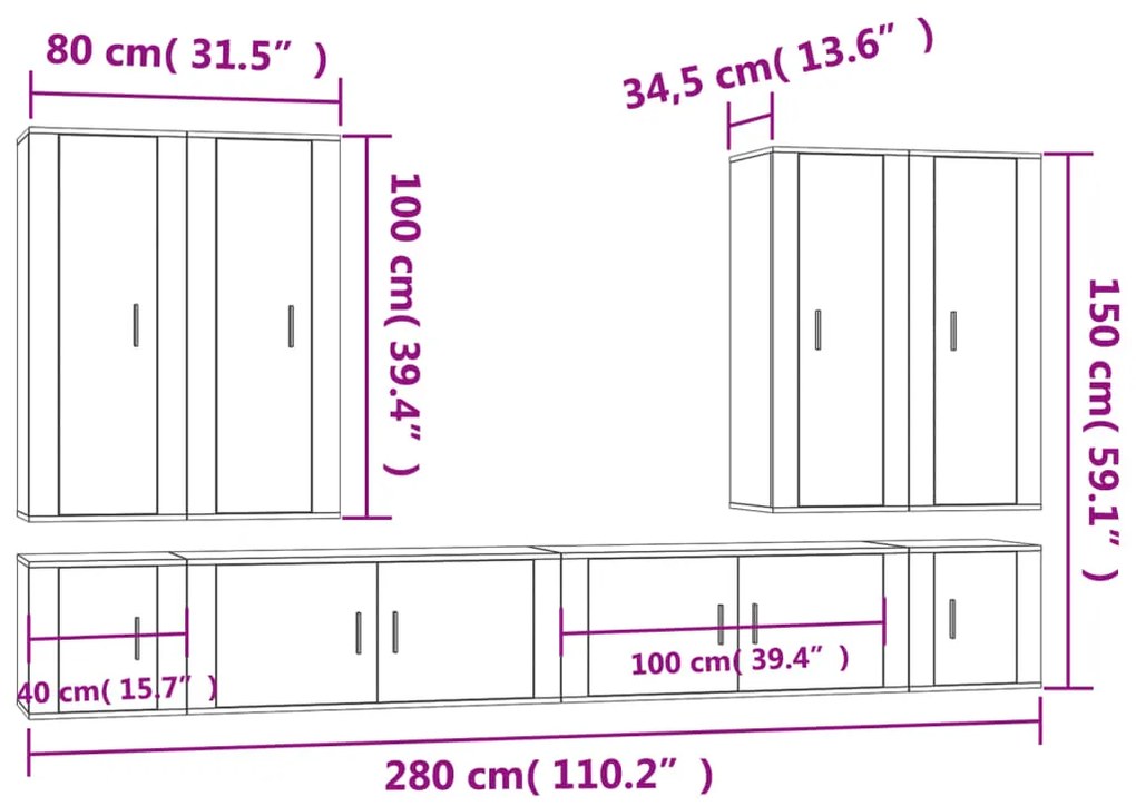 8 pcs conjunto móveis de TV madeira processada branco brilhante