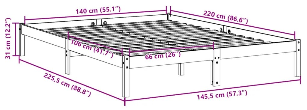 Cama extra longa sem colchão 140x220 cm madeira de pinho maciça