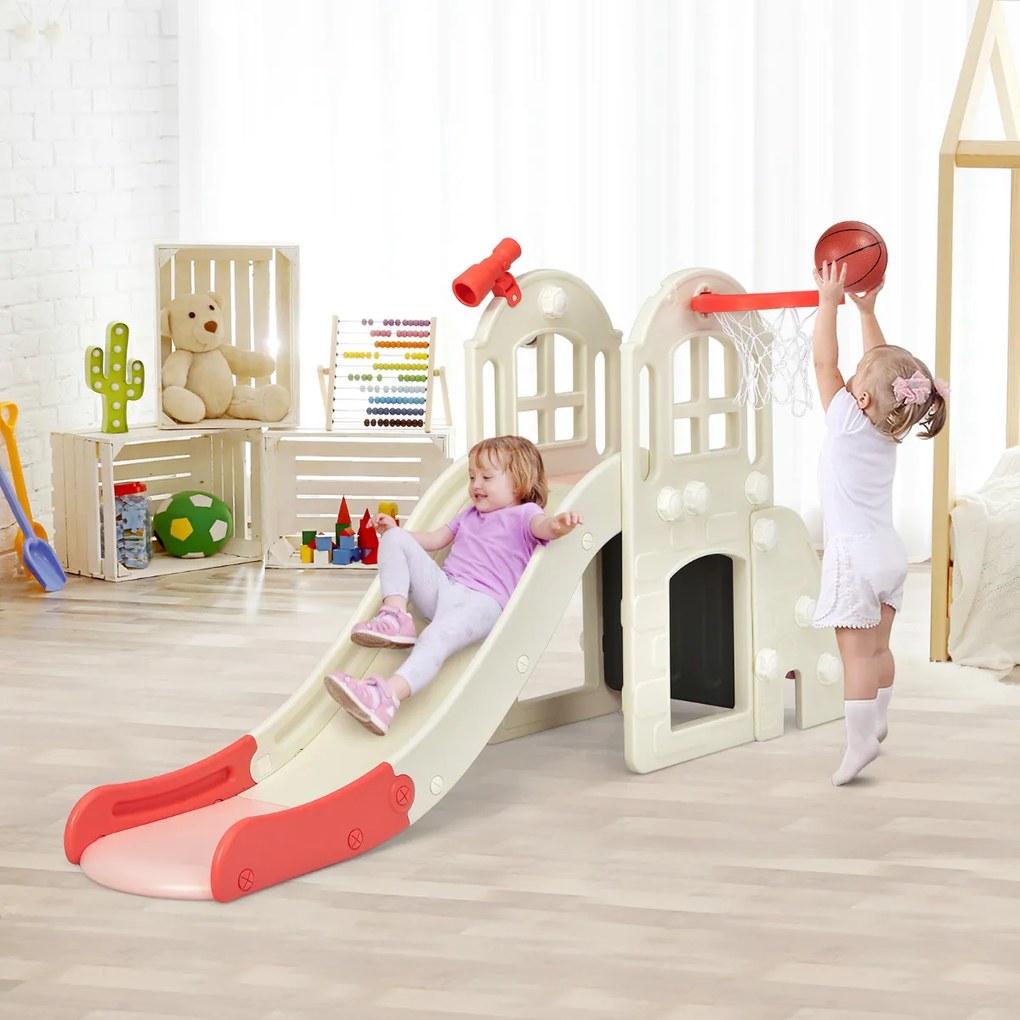 Escorrega infantil grande 6 em 1 jogo com cesto bola anel telescópio interior exterior 189,5 x 83 x 98 cm rosa