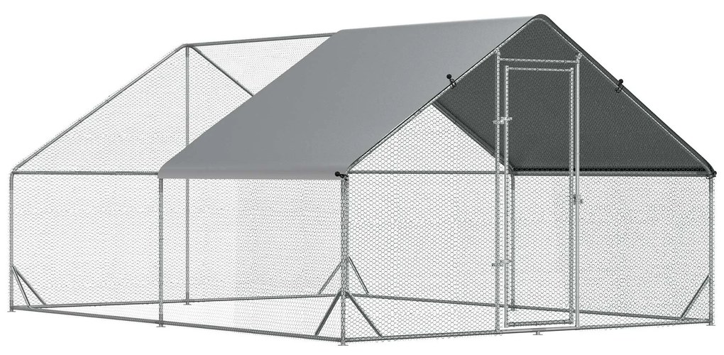 PawHut Galinheiro de Exterior Grande 3x4x2m Gaiola para 8-12 Galinhas de Aço Galvanizado com Teto de PE Prata