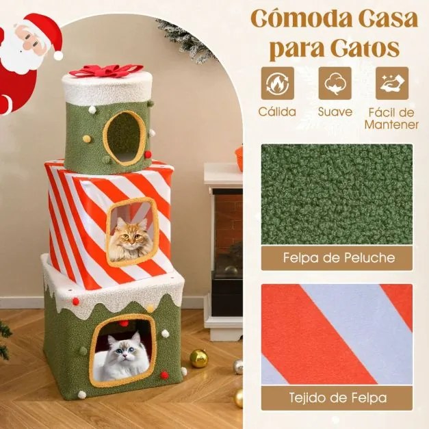Arranhador de Natal para gatos de interior 49 x 49 x 120 cm com escalada para gatos com 3 casas e cavernas para se esconder Bola pendente verde