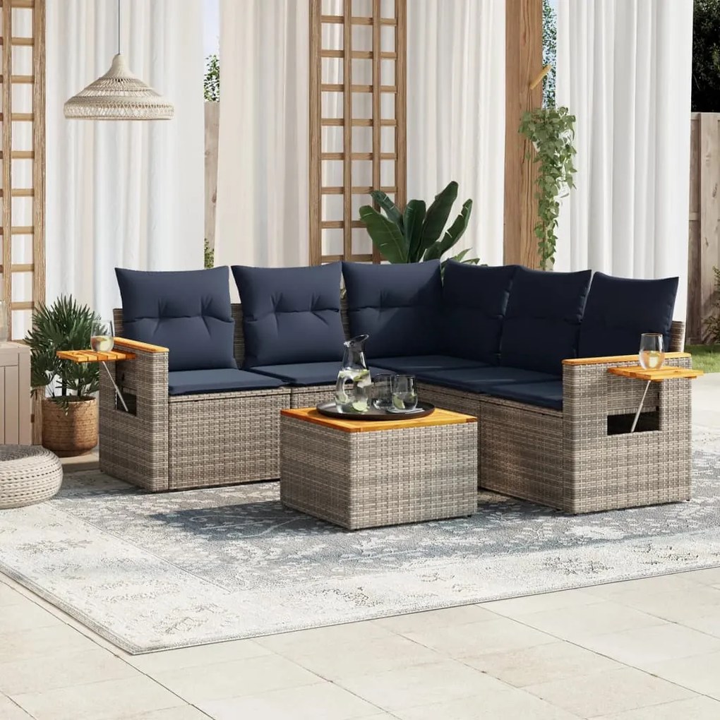 6 pcs conjunto sofás p/ jardim c/ almofadões vime PE cinzento