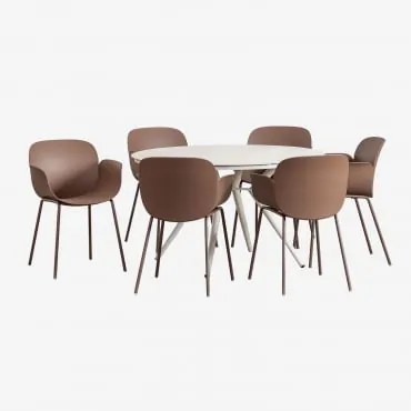 Conjunto De Mesa Redonda De Alumínio (ø125 Cm) Valerie E 6 Cadeiras De Jardim Lynette Castanho Caramelo - Sklum