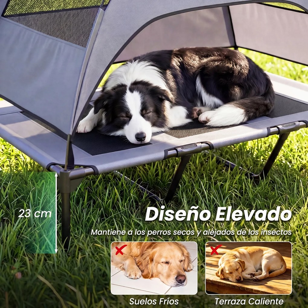 Cama Elevada para Cães com Dossel, 122,5 x 91 x 95 cm, Dossel Removível, Cinzento