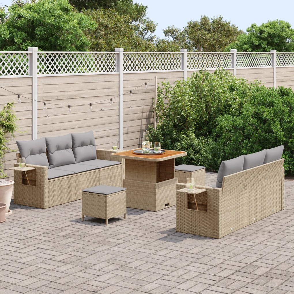 Conjunto de Sofá de Jardim 9 Peças com Almofadas Bege Rattan Polipropi