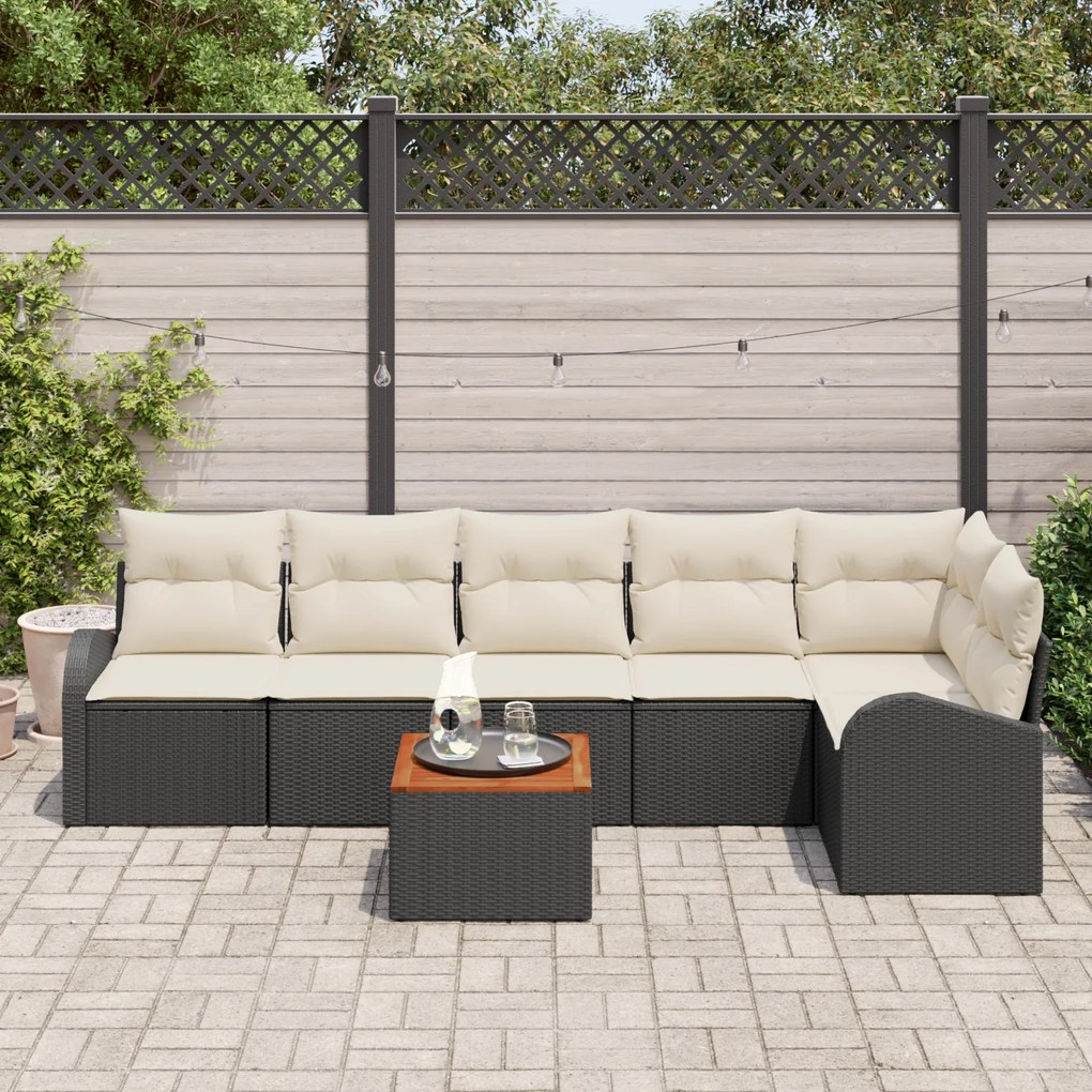 Conjunto de Sofá de Jardim de 7 Peças com Almofadas Preto de Poliratta