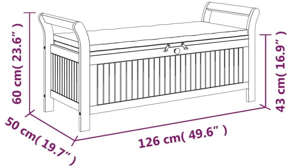 Banco de arrumação p/ jardim c/ almofadão 126 cm acácia maciça