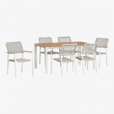 Conjunto De Mesa Retangular Em Alumínio E Madeira De Teca (160x90 Cm) Katiana E 6 Cadeiras Em Alumínio E Corda Trançada Nediam Branco - Sklum