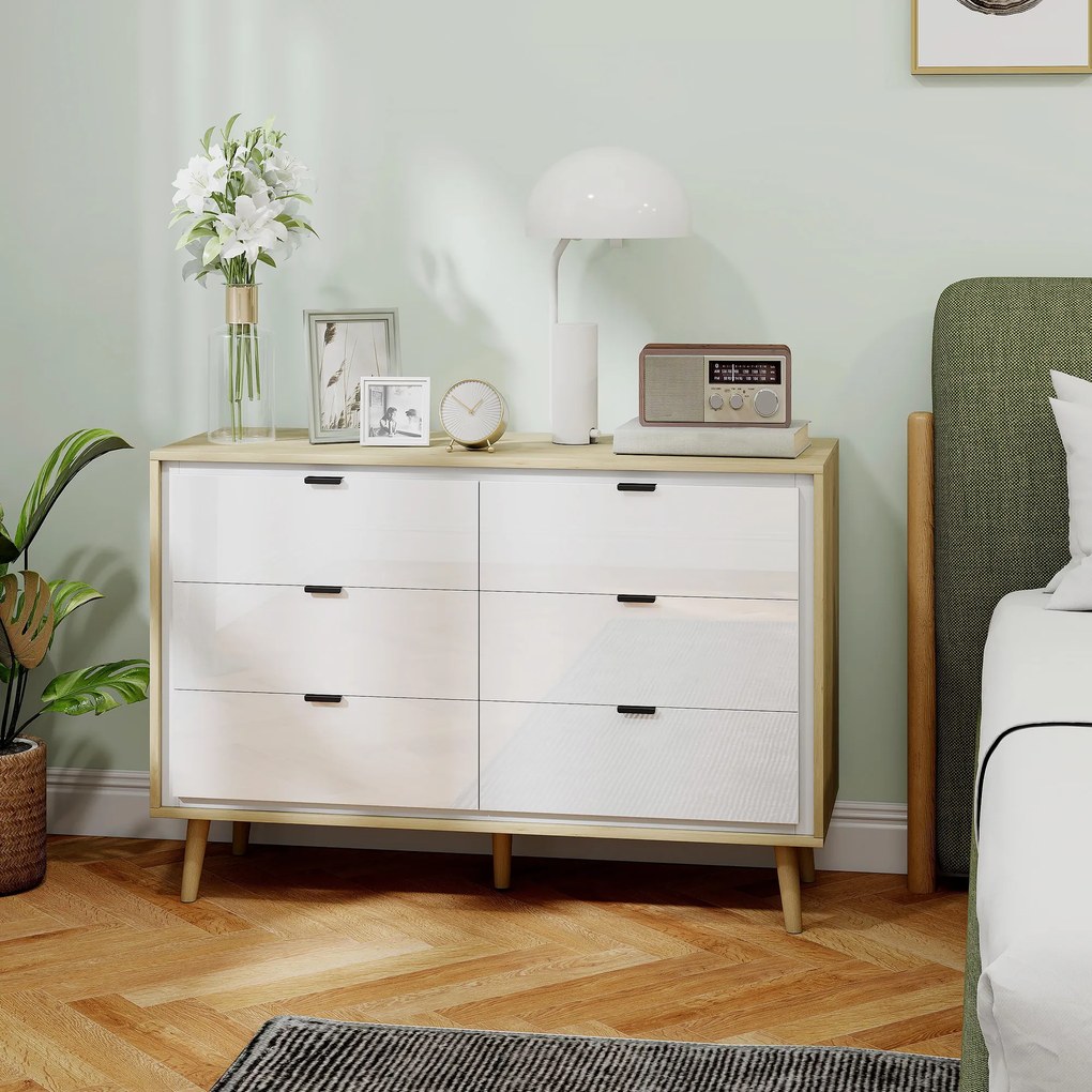 Cómoda 6 Gavetas 110x40x75 cm Quarto com Pernas de Madeira Estilo Moderno  Branco Brilhante e Carvalho