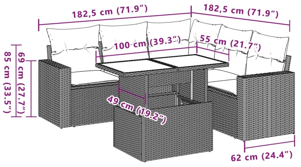 6 pcs conj. sofás jardim com almofadões vime PE cinzento-claro