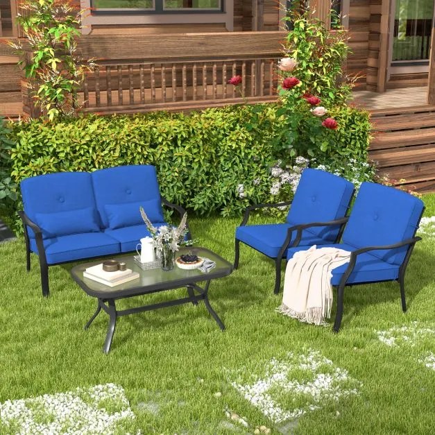 Conjunto de móveis jardim de 4 peças com 2 cadeiras Cadeira individual sofá de 2 lugares Mesa de vidro temperado para jardim Varanda Terraço Azul
