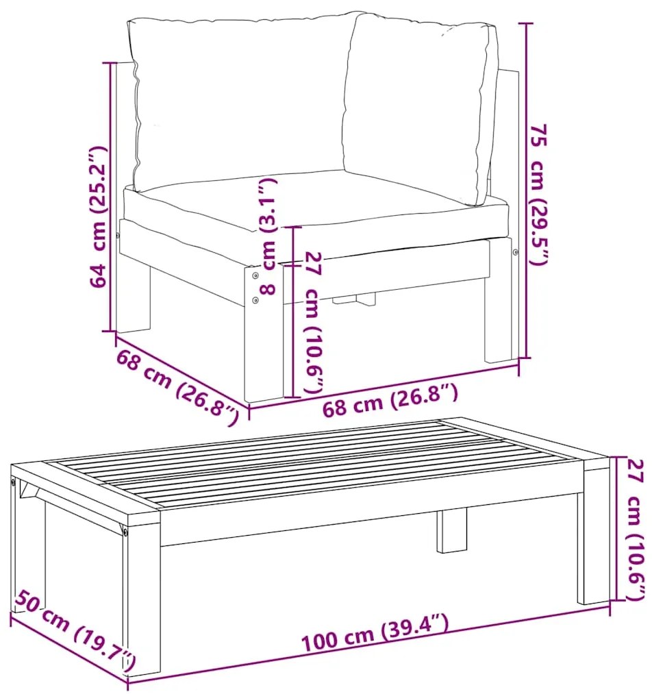 2 pcs conjunto de sofás de jardim c/ almofadões acácia maciça
