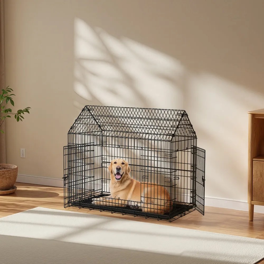 Gaiola para cães, caixa de transporte dobrável, metal 120 x 72,5 x 109 cm Preto