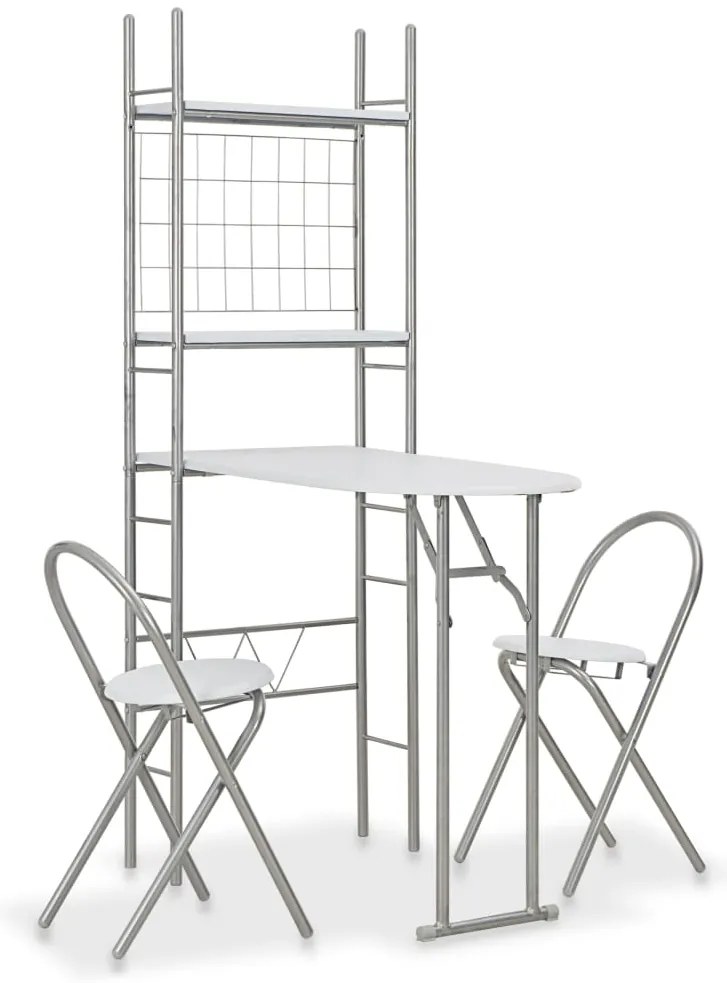 3 pcs conjunto jantar dobrável com prateleira MDF e aço branco
