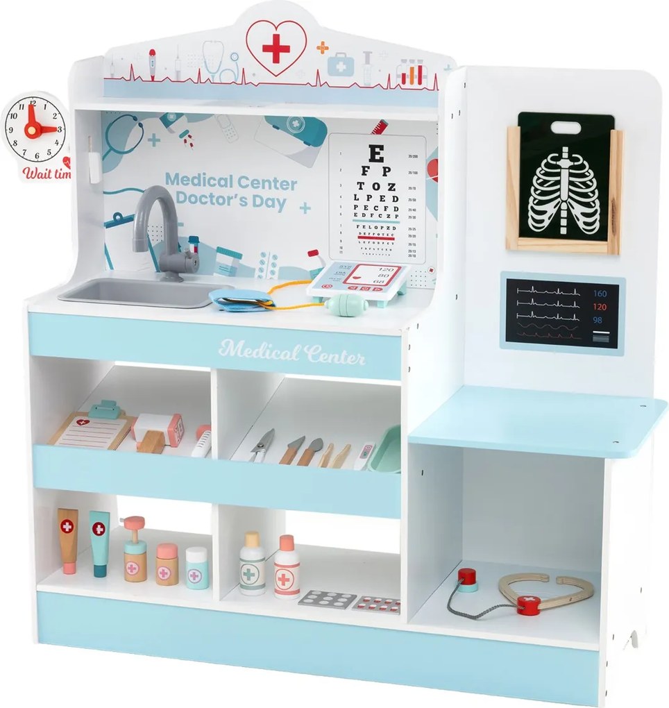 Hospital de brincar infantil com 24 acessórios Relógio Torneira Lavatório Monitor ECG para crianças a partir dos 3 anos 97 x 30,5 x 88 cm Azul