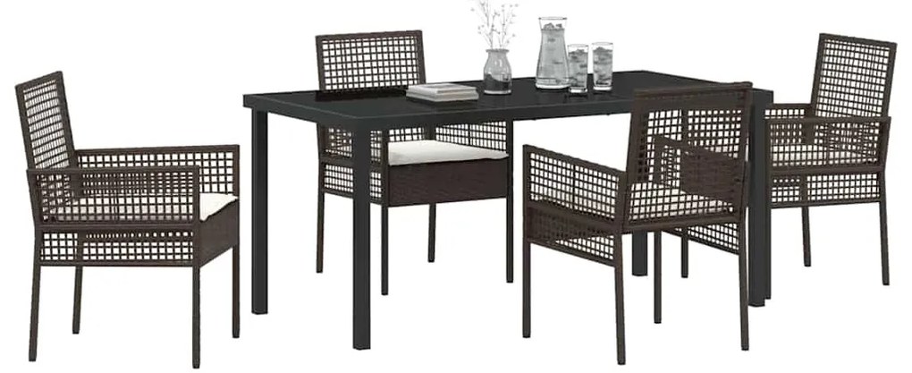 Conjunto de Jantar de 5 Peças com Almofadas Marrom Rattan Sintético