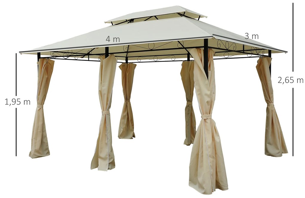 Pérgola de jardim 3x4 m estrutura de aço telhado Duplo 6 Cortinas Laterais 8 Orifícios de Drenagem Boa Ventilação para Festas Eventos Creme