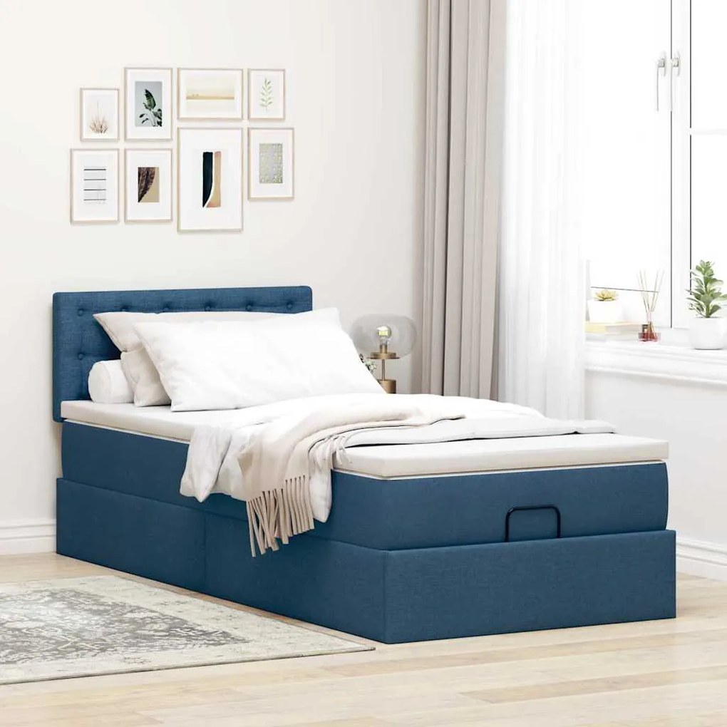 Cama otomana com colchão 100x200 cm tecido azul