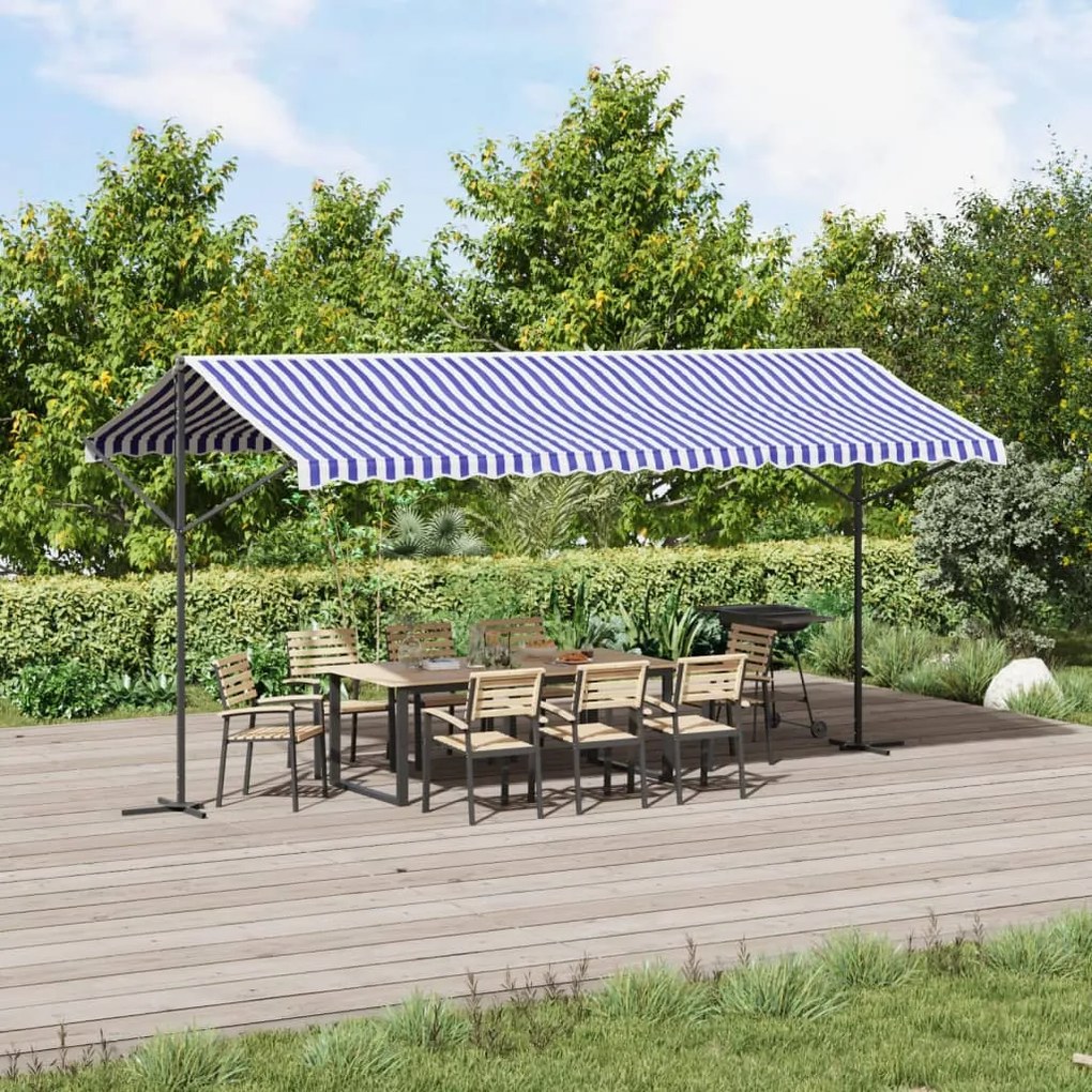 Toldo de pé 500x300 cm tecido e aço azul e branco