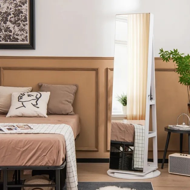 Espelho Guarda Joias rotativos 360° com luzes LED Espelho de corpo inteiro Com Estante 54,5 x 161 cm Branco