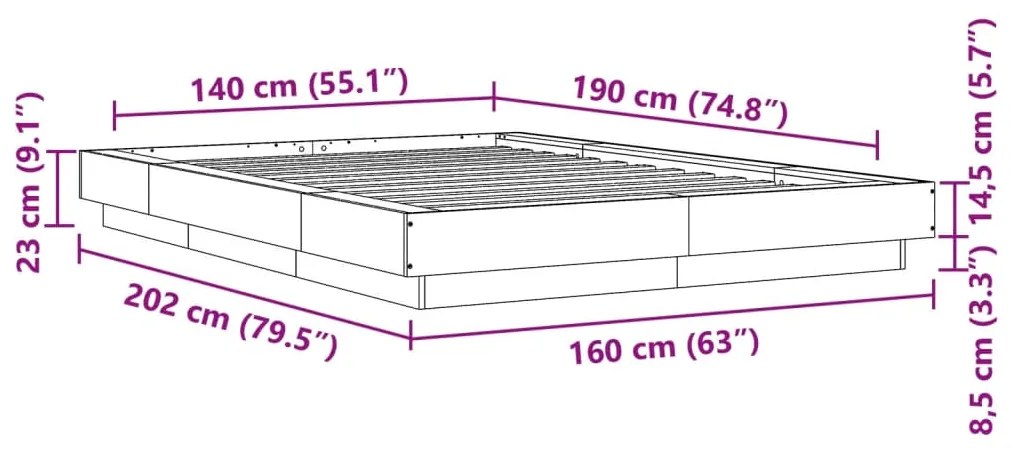 Estrutura cama 140x190 cm derivados de madeira cinzento sonoma